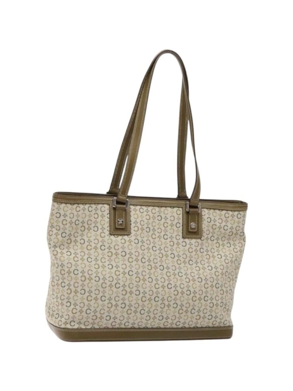 CELINE C Macadam Canvas Tote Bag Khaki Silver